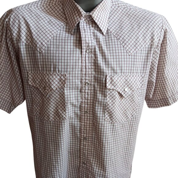 Vintage Rockabilly Western Shirt Large Mens Cowboy 1980's White Brown Checker - Picture 1 of 6